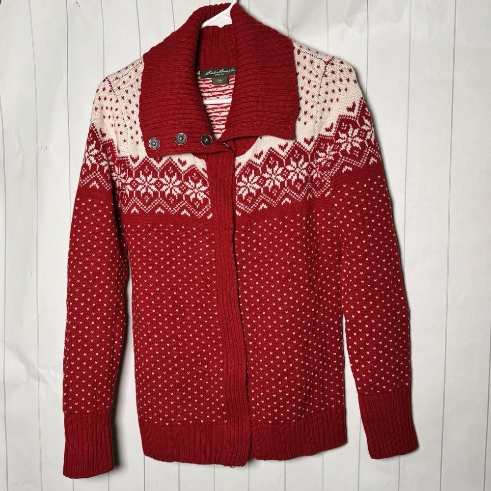 Eddie Bauer Red Fair Isle Zip Cardigan Sweater Wool Nylon Nordic Snowflake Small